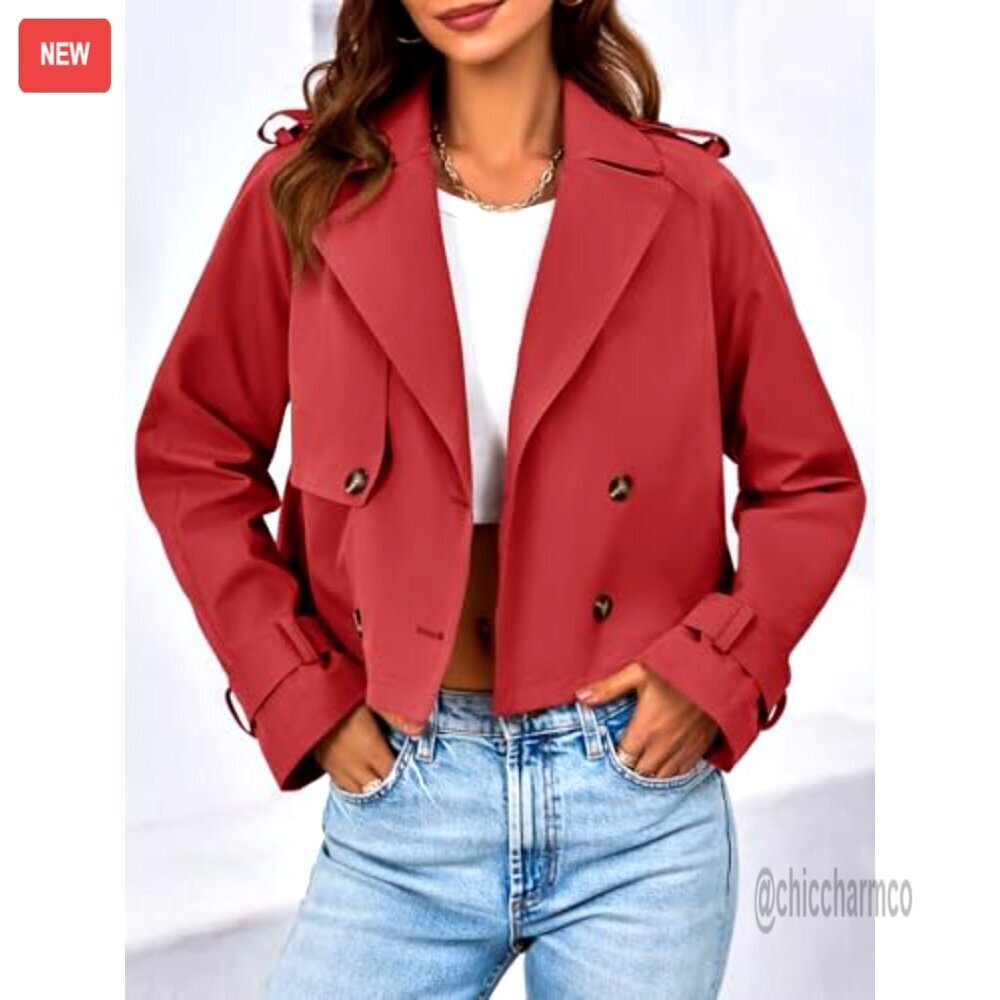 Cropped Trench Coat Double Breasted Lapel Jacket Casual Outerwear - Picture 2 of 7